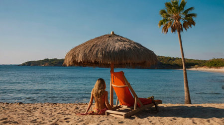 Woman sunbathing on a tropical beach with a straw umbrella.の写真素材