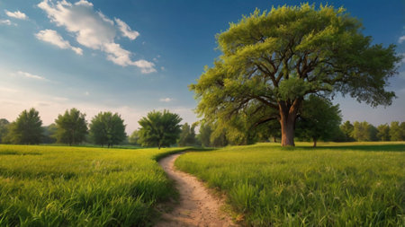 Beautiful summer landscape with green meadow and big tree in the foregroundの写真素材