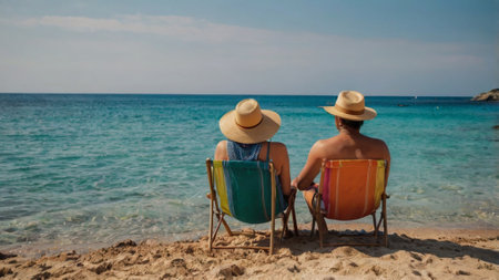 Rear view of a couple sitting on the beach and sunbathingの写真素材