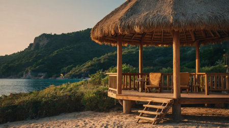 Sunset on the beach with gazebo and chairs.