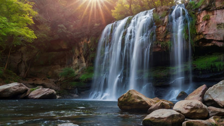 Beautiful waterfall in the forest at sunset. Waterfall in Thailand.の写真素材