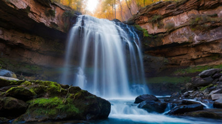 Waterfall in the autumn forest. Panoramic view of the waterfall.の写真素材