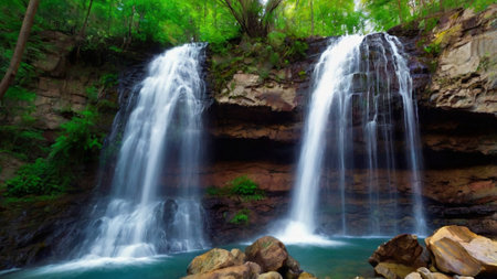 Beautiful waterfall in the green forest, long exposure shot, panoramaの写真素材