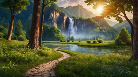 Landscape with waterfall in the forest at sunset. Nature background.の写真素材