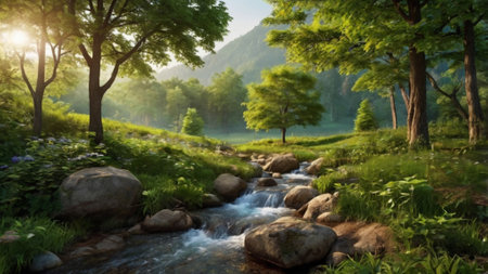 Panoramic view of mountain river flowing through green forest at sunsetの写真素材