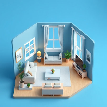 Interior of modern living room in isometric view. 3D illustrationの写真素材