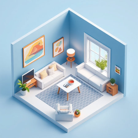 Interior of living room in isometric view, 3d renderの写真素材