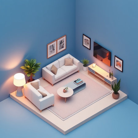 Interior of modern living room with blue walls, white sofa, coffee table and bookshelf. 3d renderの写真素材