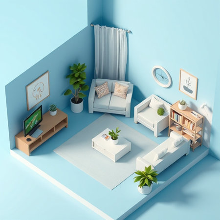 Interior of modern living room with blue walls, 3d render