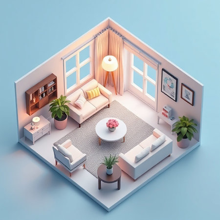 Interior of a living room in isometric view. 3D rendering