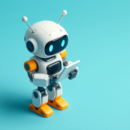 Cute little robot on blue background. 3d render illustration.の写真素材