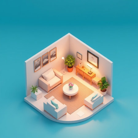 Interior of living room in isometric view, 3D rendering