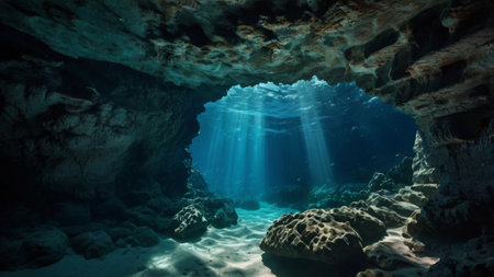 Underwater view of a cave on the seabed in the Caribbean Seaの写真素材