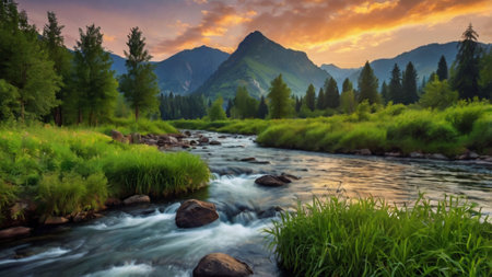 Mountain river at sunset. Beautiful summer landscape with mountain river.の写真素材