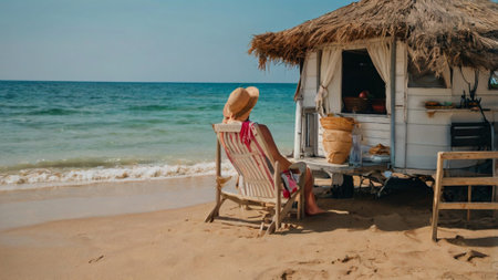 Woman in straw hat sitting on beach chair and watching the sea.の写真素材