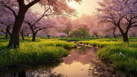 Cherry blossoms and river in the park at sunset, Panoramaの写真素材