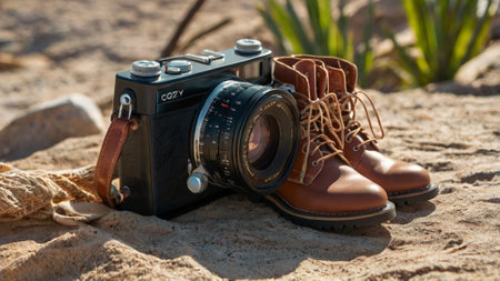 Vintage camera and boots on the sand. Selective focus.