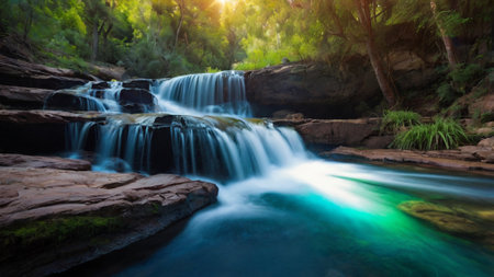 Beautiful waterfall in the forest at sunset, Phu Kradueng National Park, Loei, Thailandの写真素材