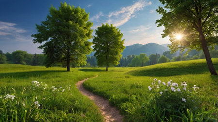 Sunny summer landscape with green meadow, trees and blue sky