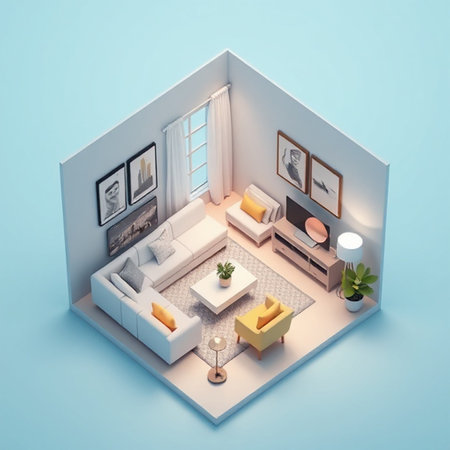 Interior of modern living room in isometric view. 3D renderingの写真素材