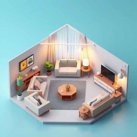 interior of the living room in isometric view 3d rendering