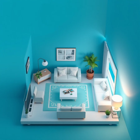 Interior of modern living room with blue walls, sofa and coffee table. 3d render