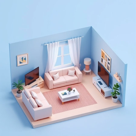 Interior of the living room in isometric view. 3D renderingの写真素材