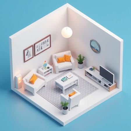Interior of modern living room in isometric view. 3D renderingの写真素材