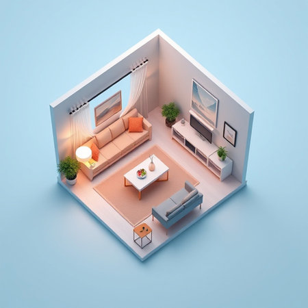 Interior of living room with sofa and coffee table 3D renderingの写真素材