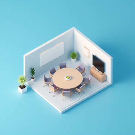Interior of modern meeting room with white walls, wooden floor, round table with chairs and coffee...