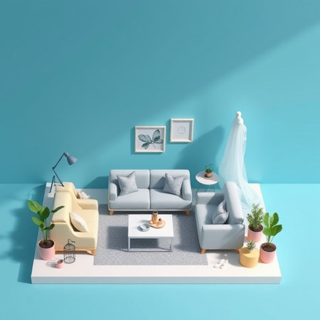 Interior of modern living room with blue walls, white sofa and coffee table with plants. 3d renderingの写真素材