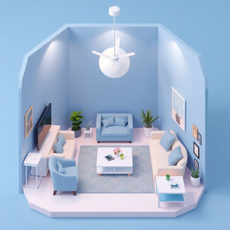 Interior of modern living room with blue walls, blue sofa and armchairs, 3d render