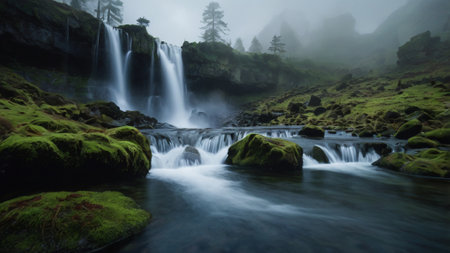 Waterfall in a foggy forest. Long exposure shot with long exposure.の写真素材