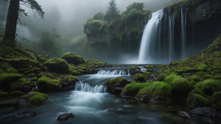 Long exposure of a waterfall flowing over mossy rocks in a forestの写真素材