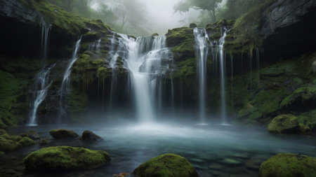 Beautiful waterfall in the forest with fog. Long exposure picture.の写真素材