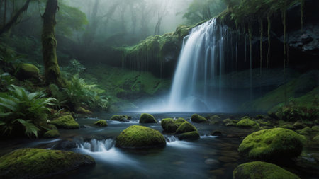 beautiful waterfall in the rainforest with fog in the morning.