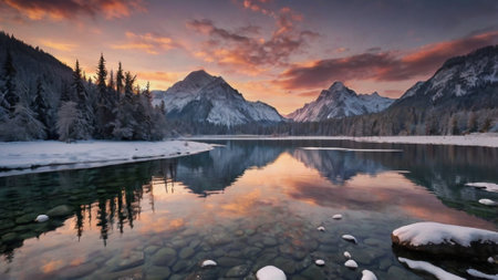Panoramic view of the Zugspitze lake at sunrise, Austriaの写真素材