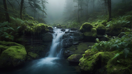 Waterfall in the forest with fog in the morning, long exposure