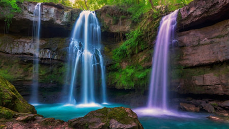 Beautiful waterfall in the forest. Panorama of a waterfall in the forest.