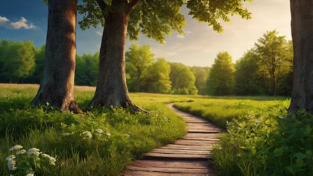 Wooden path in the park. Beautiful summer landscape. Sunny day.