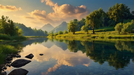 Beautiful summer landscape with river and forest at sunrise. Panoramaの写真素材