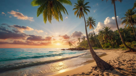 Beautiful tropical beach with coconut palm trees at sunset. Seascapeの写真素材