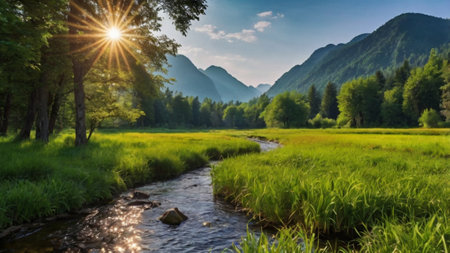 Beautiful summer landscape with a mountain river and a green meadowの写真素材