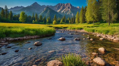 Panoramic view of a mountain river in the Altai mountains.の写真素材