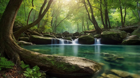 Waterfall in deep forest at Erawan National Park, Kanchanaburi, Thailand