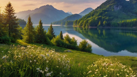 Mountain lake with green grass and flowers at sunset in summer.の写真素材