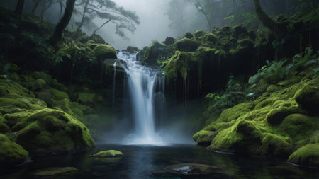 Beautiful waterfall in the forest with fog and mist in the morningの写真素材