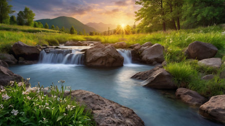 Beautiful mountain landscape with a waterfall in the summer at sunset.の写真素材