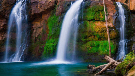 waterfall in deep forest, beautiful photo digital picture and colorful backgroundの写真素材