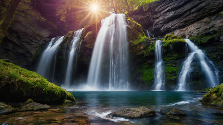 Waterfall in the forest at sunset. Summer landscape. Waterfall in the forest.の写真素材